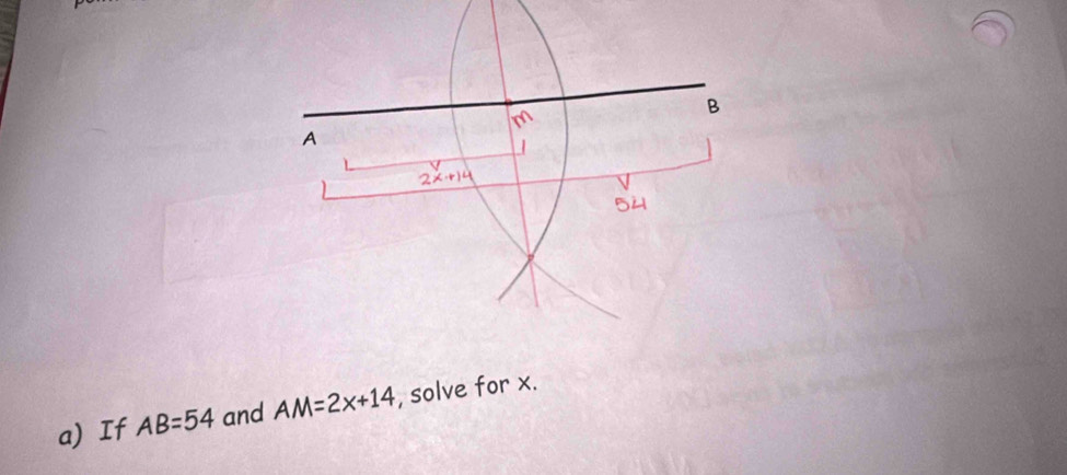 If AB=54 and AM=2x+14 , solve for x.