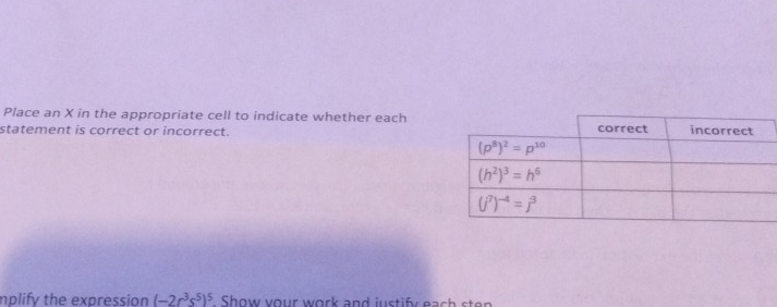 Place an X in the appropriate cell to indicate whether each
statement is correct or incorrect. 
mplify the expression (-2r^3s^5)^5 Show your work and justify each sten