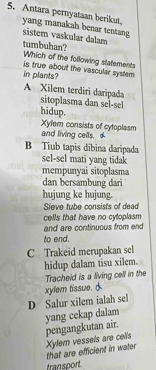 Antara pernyataan berikut,
yang manakah benar tentang
sistem vaskular dalam
tumbuhan?
Which of the following statements
is true about the vascular system 
in plants?
A Xilem terdiri daripada
sitoplasma dan sel-sel
hidup.
Xylem consists of cytoplasm
and living cells.
B Tiub tapis dibina daripada
sel-sel mati yang tidak
mempunyai sitoplasma
dan bersambung dari
hujung ke hujung.
Sieve tube consists of dead
cells that have no cytoplasm
and are continuous from end
to end.
C Trakeid merupakan sel
hidup dalam tisu xilem.
Tracheid is a living cell in the
xylem tissue.
D Salur xilem ialah sel
yang cekap dalam
pengangkutan air.
Xylem vessels are cells
that are efficient in water
transport.