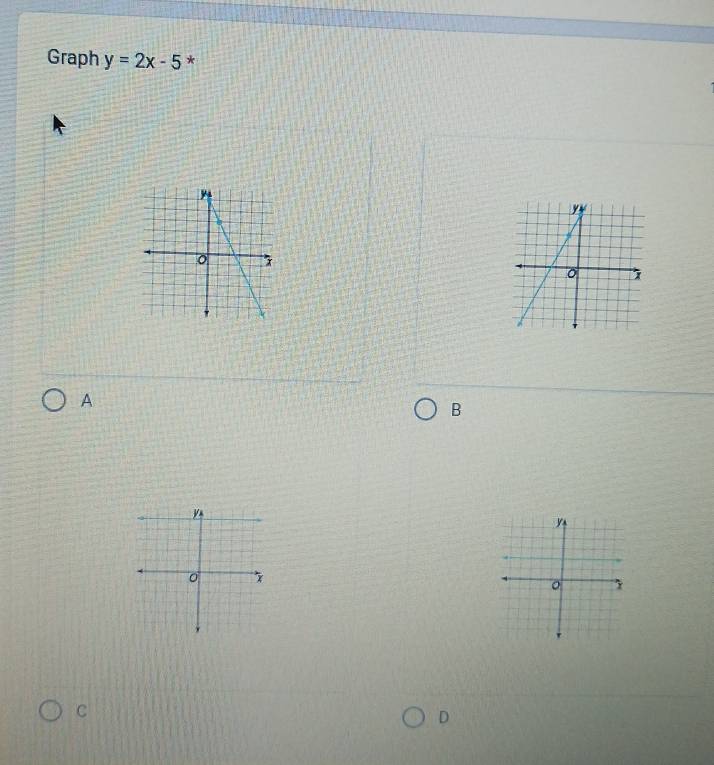 Graph y=2x-5 * 
A 
B 
y 
0 7
Y
C 
D