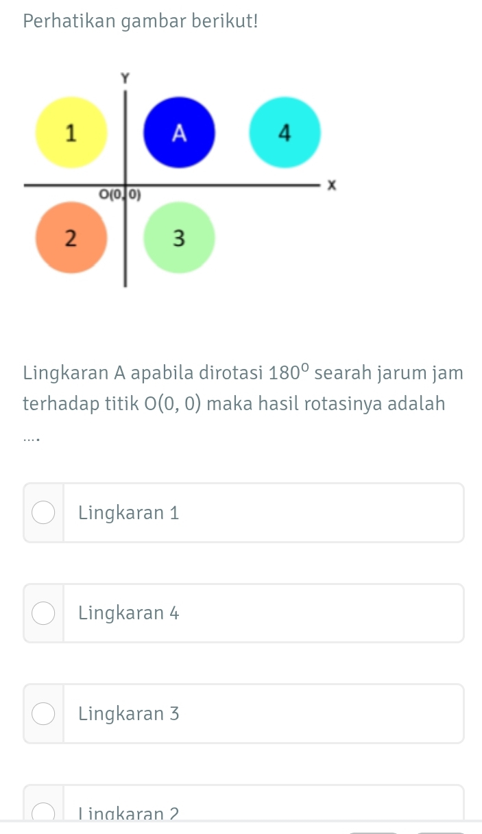 Perhatikan gambar berikut!
Y
1
A
4
O(0, 0)
x
2
3
Lingkaran A apabila dirotasi 180° searah jarum jam
terhadap titik O(0,0) maka hasil rotasinya adalah
Lingkaran 1
Lingkaran 4
Lingkaran 3
Lingkaran 2