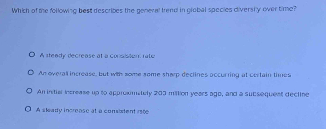 Which of the following best describes the general trend in global species diversity over time?
A steady decrease at a consistent rate
An overall increase, but with some some sharp declines occurring at certain times
An initial increase up to approximately 200 million years ago, and a subsequent decline
A steady increase at a consistent rate