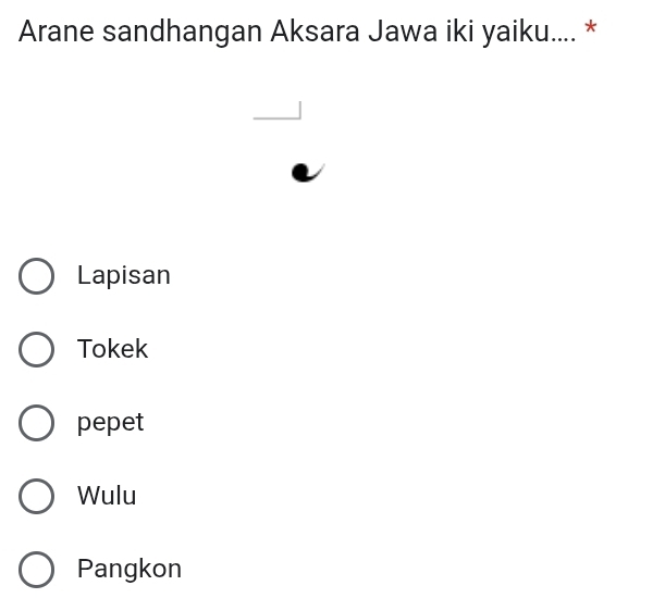 Arane sandhangan Aksara Jawa iki yaiku.... *
Lapisan
Tokek
pepet
Wulu
Pangkon