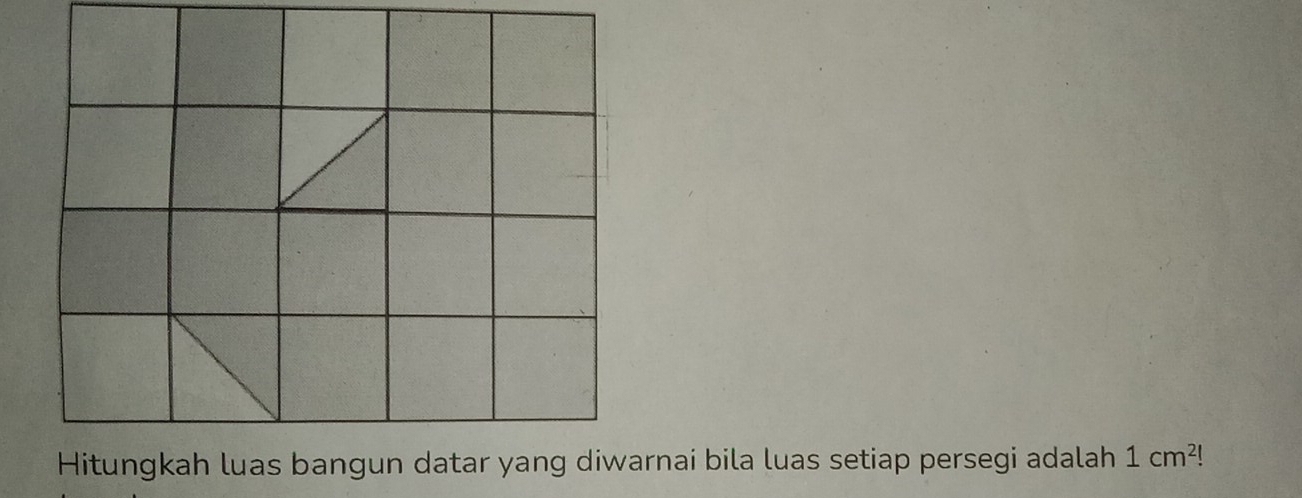 Hitungkah luas bangun datar yang diwarnai bila luas setiap persegi adalah 1cm^2!