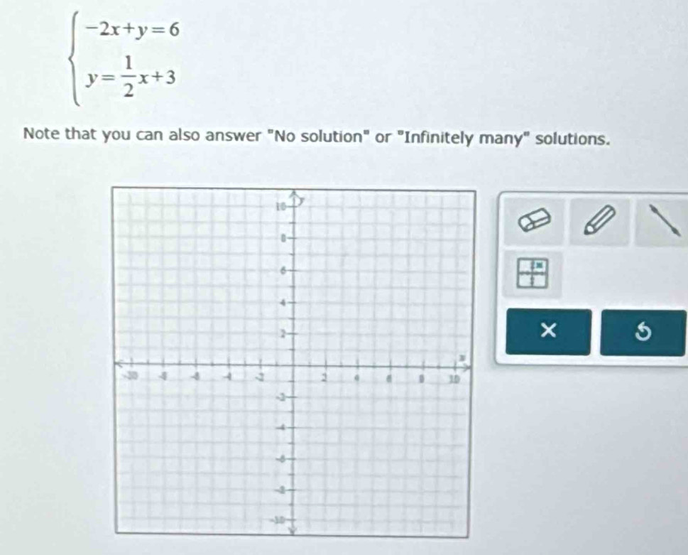 beginarrayl -2x+y=6 y= 1/2 x+3endarray.
Note that you can also answer "No solution" or "Infinitely many" solutions. 
- 1/1 frac 18 
×