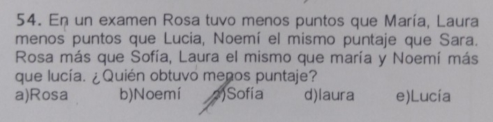 En un examen Rosa tuvo menos puntos que María, Laura
menos puntos que Lucia, Noemí el mismo puntaje que Sara.
Rosa más que Sofía, Laura el mismo que maría y Noemí más
que lucía. ¿Quién obtuvo menos puntaje?
a)Rosa b)Noemí )Sofía d)laura e)Lucía