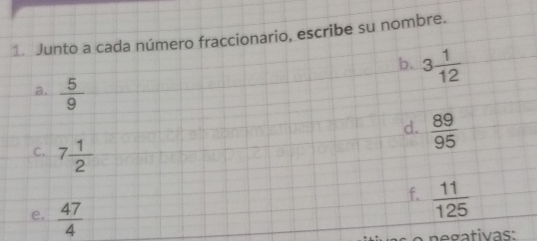 Junto a cada número fraccionario, escribe su nombre. 
b. 3 1/12 
a.  5/9 
d.  89/95 
C. 7 1/2   11/125 
f. 
e.  47/4 
ga tivas :