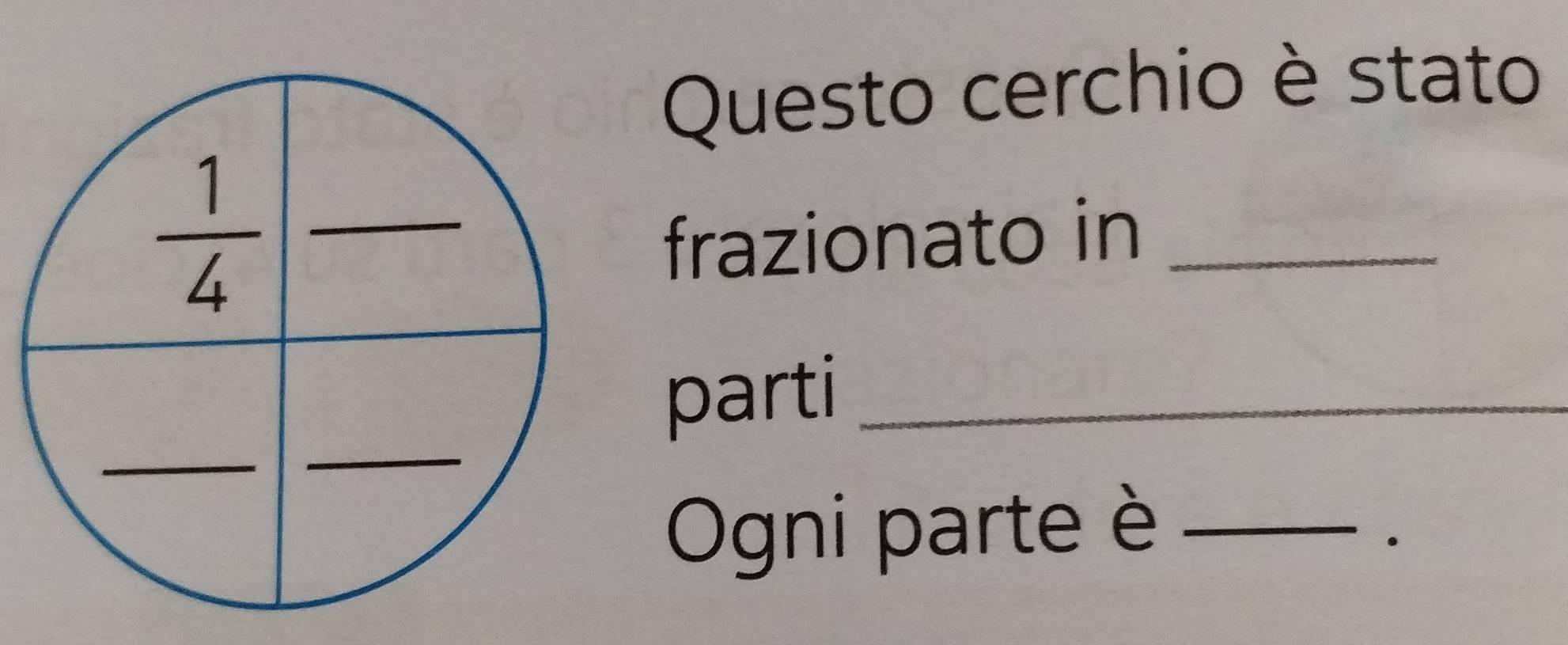 Questo cerchio è stato
 1/4  _ 
frazionato in_ 
_ 
_ 
parti_ 
Ogni parte è_ 
·