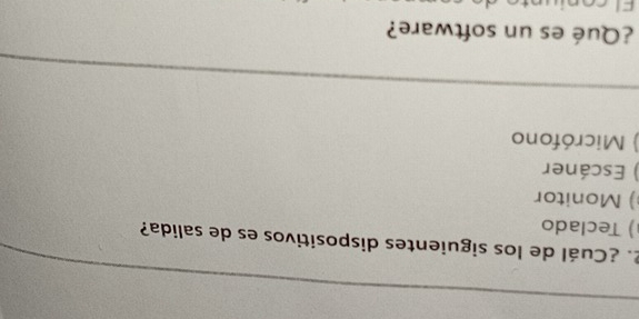 ¿Cuál de los siguientes dispositivos es de salida?
) Teclado
) Monitor
) Escáner
) Micrófono
¿Qué es un software?