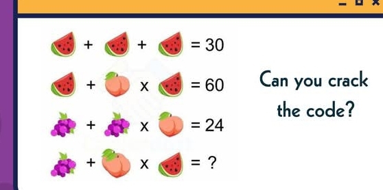 +bigcirc +□ =30
□ +□ * □ = =60 Can you crack 
the code?
a+bx Phi =24
x
+□ X 6 odot = ?