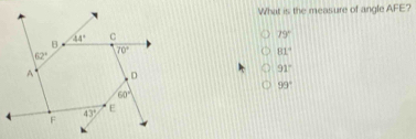 What is the measure of angle AFE?
19°
81°
91°
99°