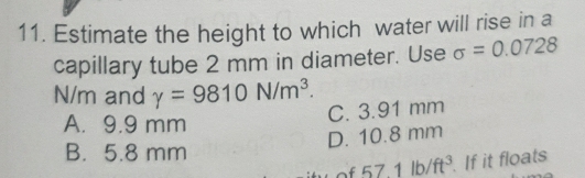 Solved: Estimate the height to which water will rise in a capillary ...