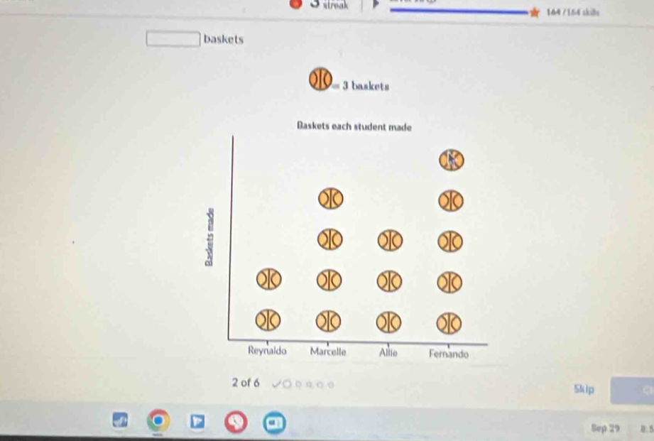 streak 144 / 164 skills 
baskets
3 baskets
2 of 6 ) ○ a, ○ ○ Skip a 
Sep 29 0: 5