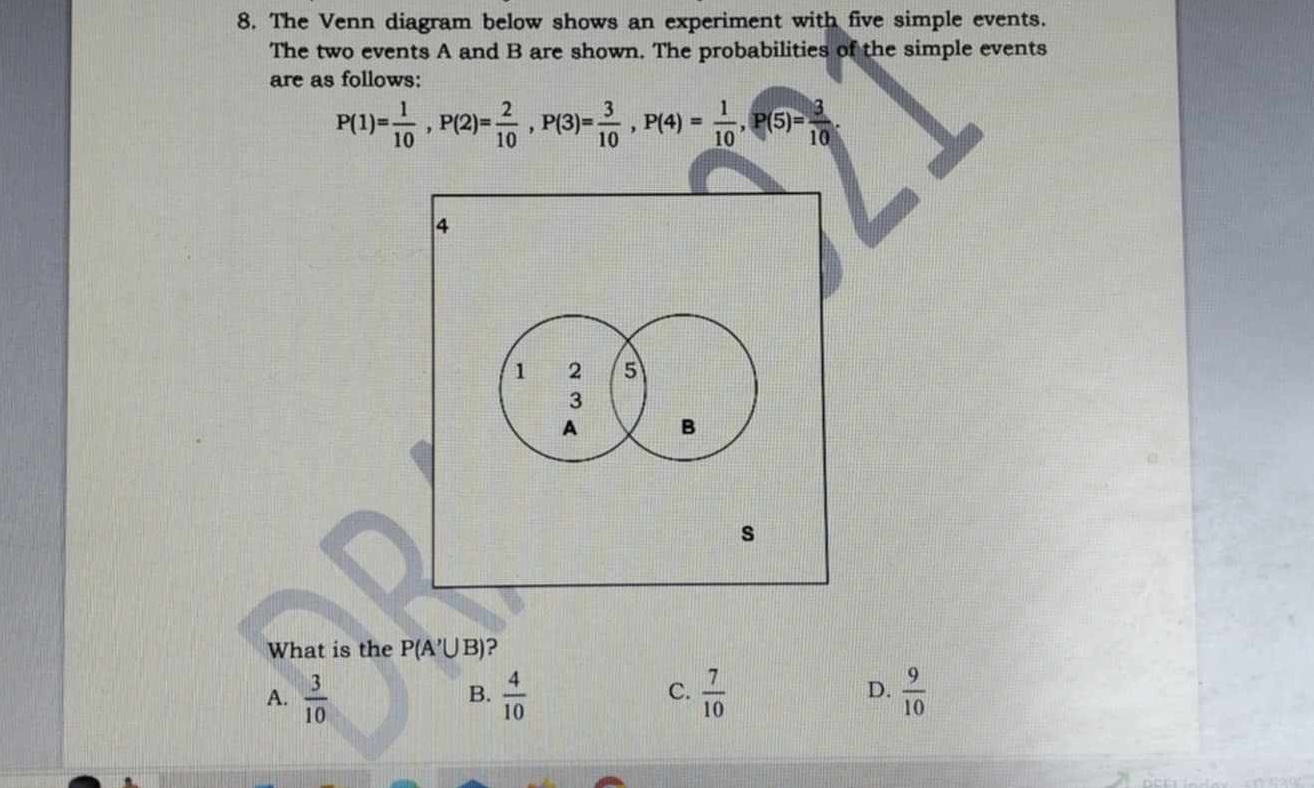 The Venn diagram below shows an experiment with five simple events.
The two events A and B are shown. The probabilities of the simple events
are as follows:
P(1)= 1/10 , P(2)= 2/10 , P(3)= 3/10 , P(4)= 1/10 , P(5)= 3/10 . 
What is the P(A'∪ B) ?
D.
A.  3/10   4/10   7/10   9/10 
B.
C.