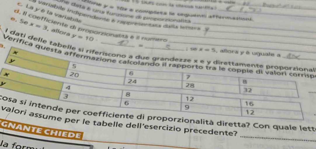 de Te a  ta e a   
o veriábile indipendente é rappresentata dallla lemera__
c. La y è la variabile
Une deté é cn funzicne de proipicizionalle
y= 18 a compteta le seguent affermaation.
d. Il coefficiente di proporzionalisa e ll numero_
e. Se x=3. allora y=10 _
.
l dati delle tal
Verífic
tetta? Con quale lett
velle dell’esercizio precedente?
GNANTE CHIEDE
_
la form