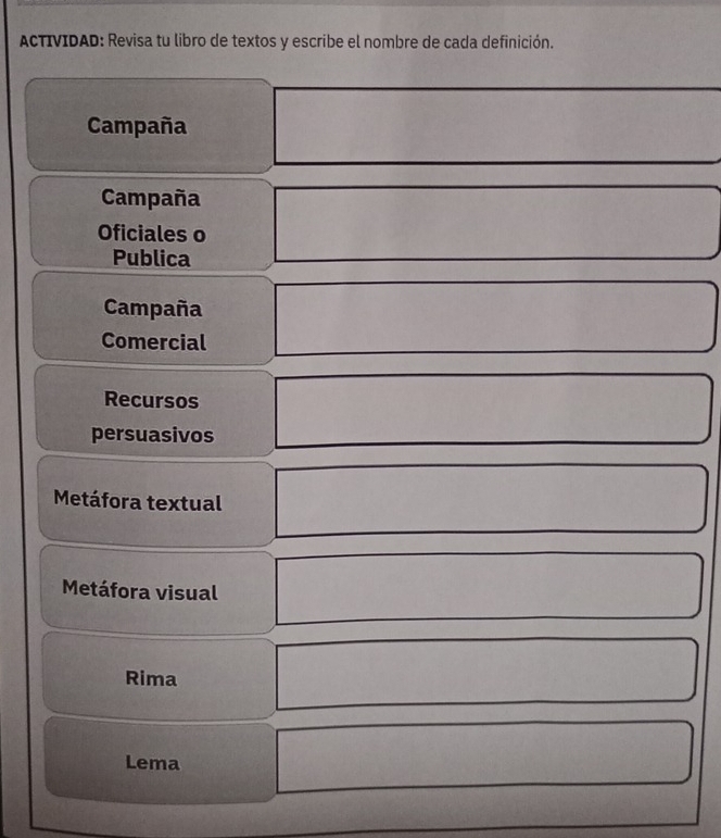 ACTIVIDAD: Revisa tu libro de textos y escribe el nombre de cada definición.