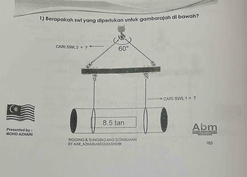 Berapakah swl yang diperlukan untuk gambarajah di bawah? 
CARI SWL 2= ? 60°
CARI SWL 1= ?
8.5 tan
Presented by : 
Abm 
MOHD AZHARI 
RIGGING & SLINGING AND SIGNALMAN 
BY AAR_AZHARIABDULRASHID® 183