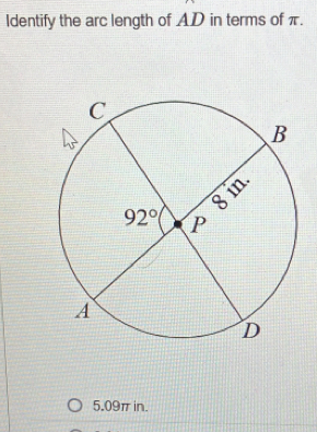 Identify the arc length of AD in terms of π.
5.09π in.