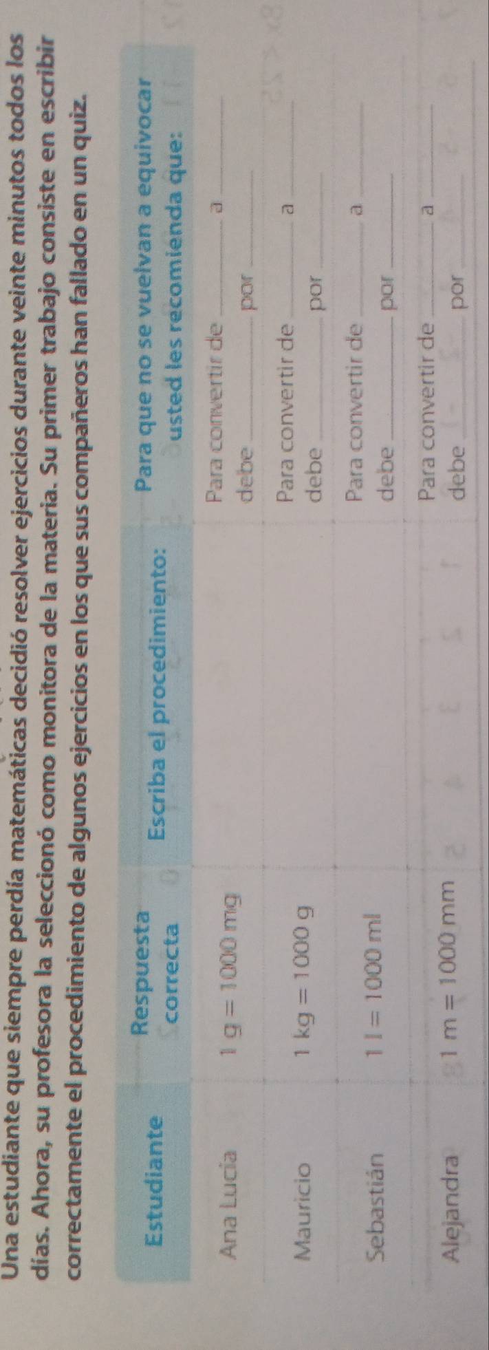 Una estudiante que siempre perdía matemáticas decidió resolver ejercicios durante veinte minutos todos los
días. Ahora, su profesora la seleccionó como monitora de la materia. Su primer trabajo consiste en escribir
correctamente el procedimiento de algunos ejercicios en los que sus compañeros han fallado en un quiz.