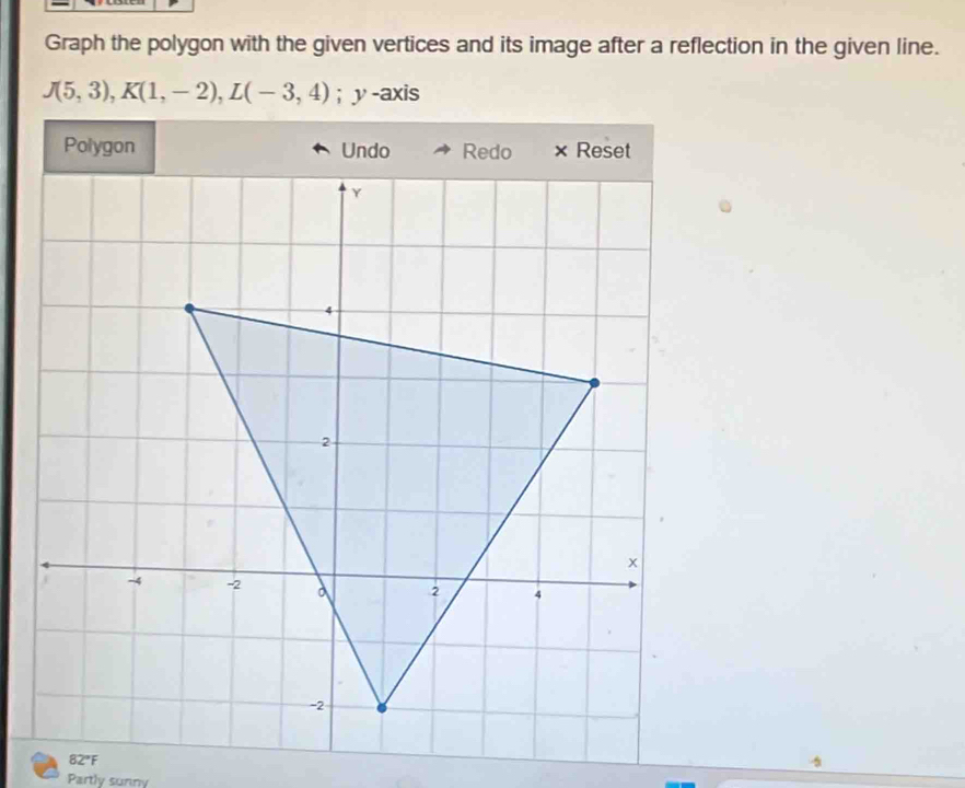 Graph the polygon with the given vertices and its image after a reflection in the given line.
J(5,3), K(1,-2), L(-3,4)
Partly sunny