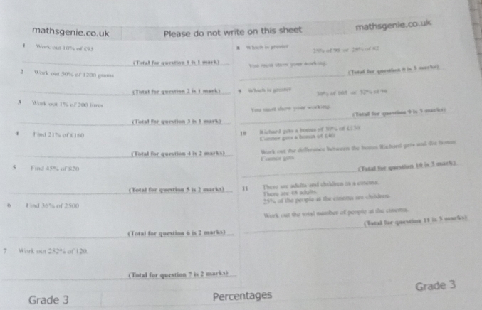 5 
。 
) 
7 
Grade 3 Percentages