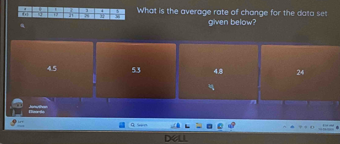 What is the average rate of change for the data set
Q
given below?
4.5 5.3 4.8 24
Jonuthan
Elizardo
54' Search
E5 AU
10/23/2024