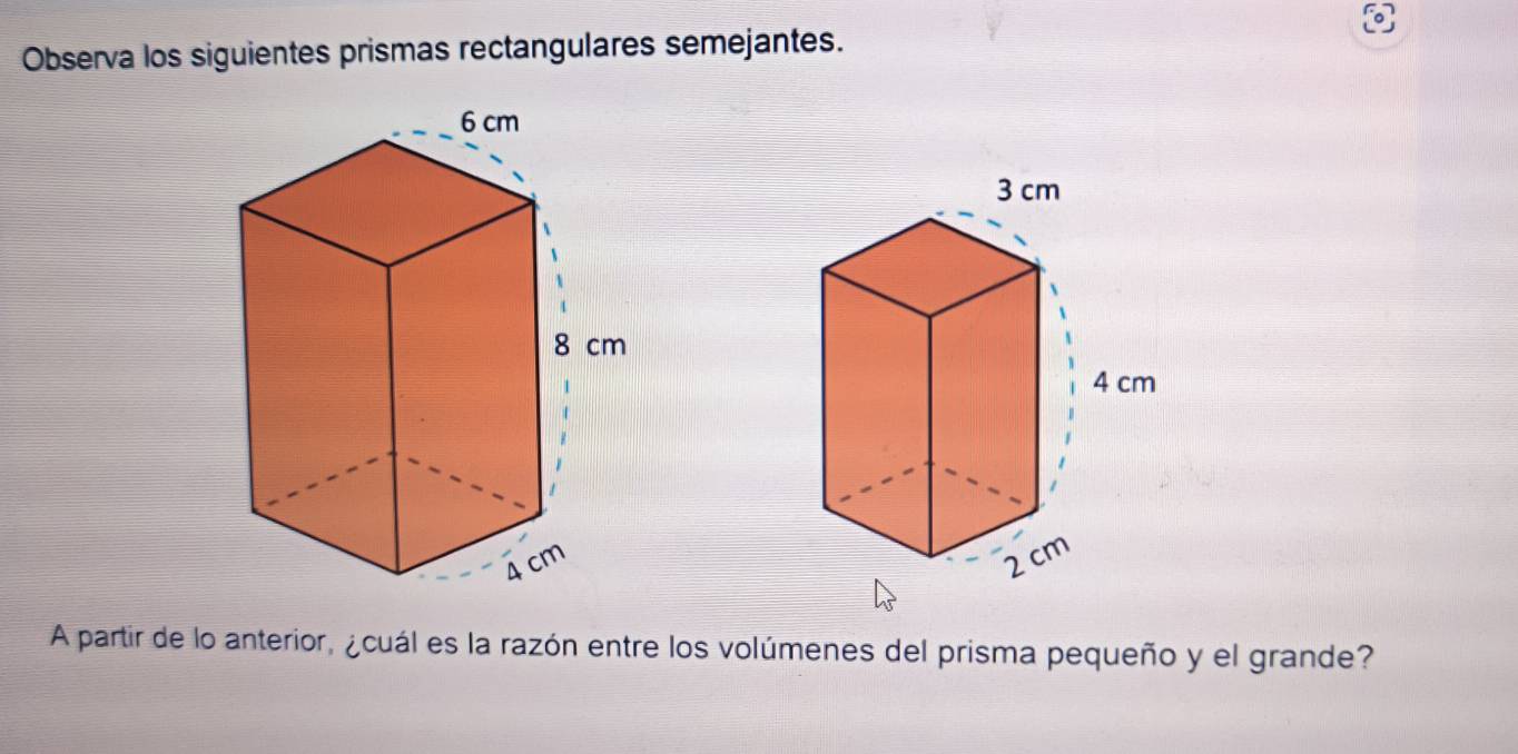 Observa los siguientes prismas rectangulares semejantes. 

A partir de lo anterior, ¿cuál es la razón entre los volúmenes del prisma pequeño y el grande?