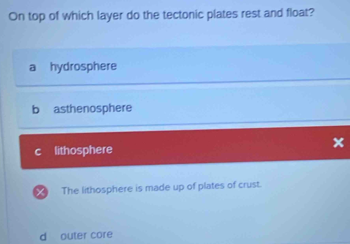 On top of which layer do the tectonic plates rest and float?
a hydrosphere
b asthenosphere
lithosphere
The lithosphere is made up of plates of crust.
d outer core