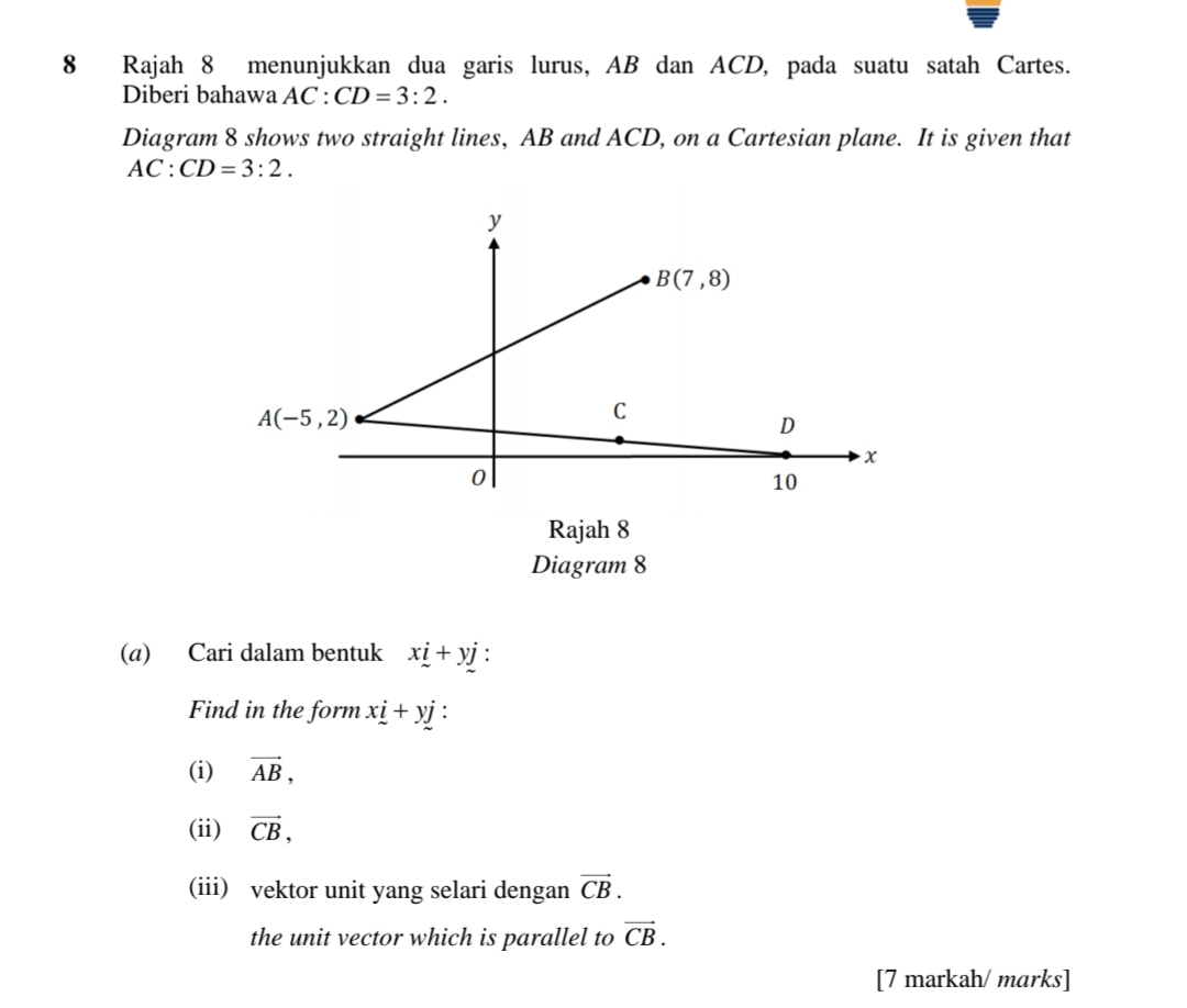 Rajah 8 menunjukkan dua garis lurus, AB dan ACD, pada suatu satah Cartes.
Diberi bahawa AC : CD=3:2.
Diagram 8 shows two straight lines, AB and ACD, on a Cartesian plane. It is given that
AC:CD=3:2.
Rajah 8
Diagram 8
(a) Cari dalam bentuk xi+yj '
Find in the form xi+yj :
(i) vector AB,
(ii) vector CB,
(iii) vektor unit yang selari dengan vector CB.
the unit vector which is parallel to vector CB.
[7 markah/ marks]