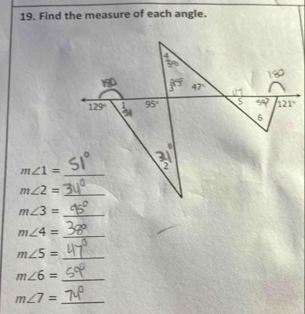 Find the measure of each angle.
_ m∠ 3=
m∠ 4=
_
_ m∠ 5=
_ m∠ 6=
m∠ 7= _