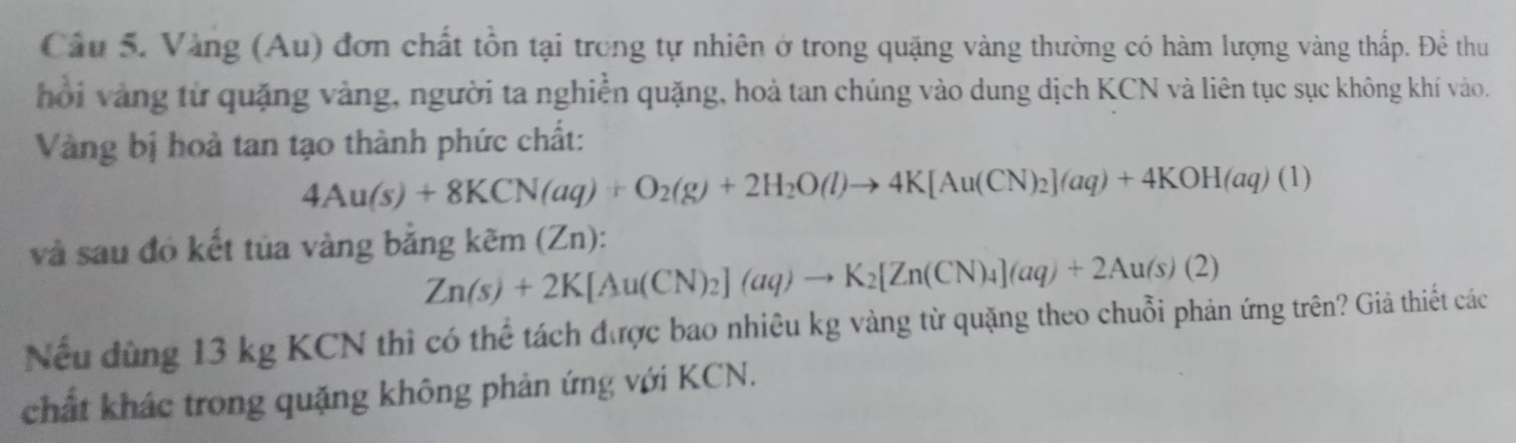 Vàng (Au) đơn chất tồn tại trong tự nhiên ở trong quặng vàng thường có hàm lượng vàng thấp. Đề thu 
hỏi vàng từ quặng vàng, người ta nghiễn quặng, hoà tan chúng vào dung dịch KCN và liên tục sục không khí vào. 
Vàng bị hoà tan tạo thành phức chất:
4Au(s)+8KCN(aq)+O_2(g)+2H_2O(l)to 4K[Au(CN)_2](aq)+4KOH(aq)(1)
và sau đó kết tủa vàng bằng kẽm (Zn):
Zn(s)+2K[Au(CN)_2](aq)to K_2[Zn(CN)_4](aq)+2Au(s)(2)
Nếu dùng 13 kg KCN thì có thể tách được bao nhiêu kg vàng từ quặng theo chuỗi phản ứng trên? Giả thiết các 
chất khác trong quặng không phản ứng với KCN.