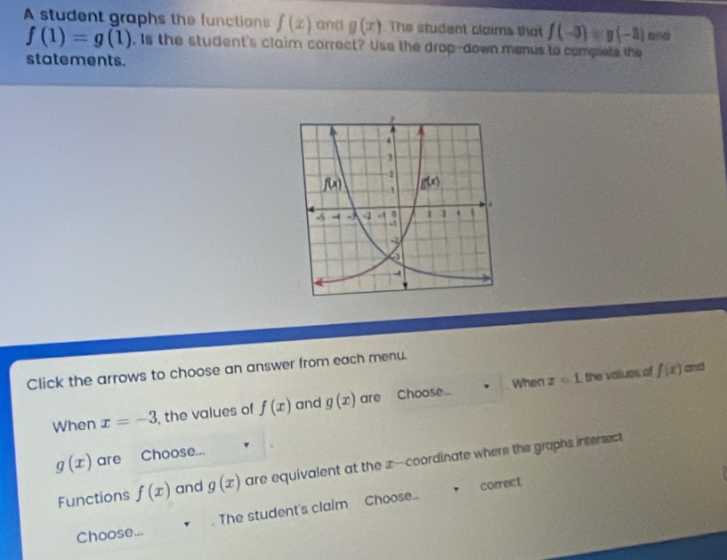 A student graphs the functions f(x) and g(x) The student claims that f(-3)=y(-3)
f(1)=g(1). Is the student's claim correct? Use the drop-down menus to complete the 
statements. 
Click the arrows to choose an answer from each menu. 
. When xcirc L the values of f(x) and 
When x=-3 , the values of f(x) and g(x) are Choose...
g(x) are Choose... 
Functions f(x) and g(x) are equivalent at the x —coordinate where the graphs intersect 
correct 
Choose... The student's claim Choose...