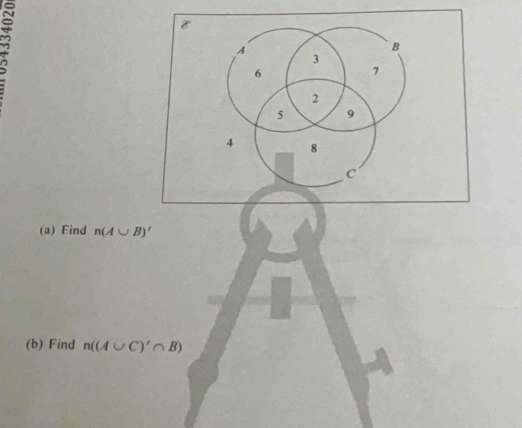 A
B
3
6
7
2
5
9
4
8
C
(a) Find n(A∪ B)'
(b) Find n((A∪ C)'∩ B)