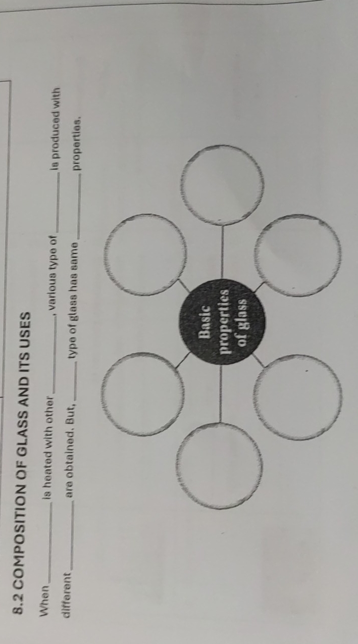 8.2 COMPOSITION OF GLASS AND ITS USES 
When _is heated with other ._ , various type of _is produced with 
different_ are obtained. But, _type of glass has same_ 
properties.