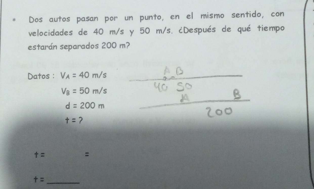 Dos autos pasan por un punto, en el mismo sentido, con 
velocidades de 40 m/s y 50 m/s. ¿Después de qué tiempo 
estarán separados 200 m? 
Datos : V_A=40m/s
V_B=50m/s
d=200m
t= ?
t=
= 
_ t=