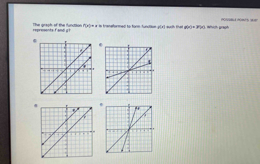 POSSIBLE POINTS: 16.67 
The graph of the function f(x)=x is transformed to form function g(x) such that g(x)=3f(x). Which graph 
represents f and g? 
@