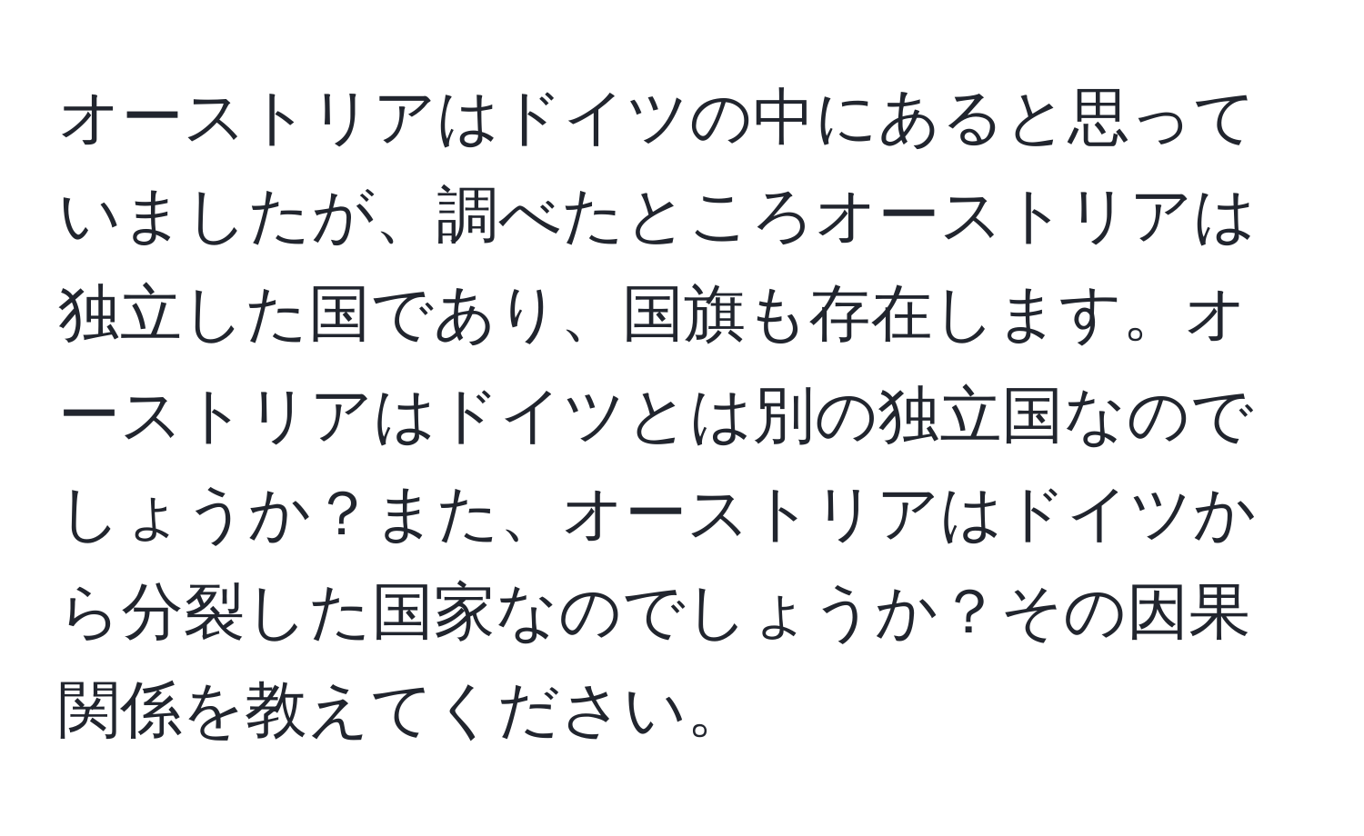 オーストリアはドイツの中にあると思っていましたが、調べたところオーストリアは独立した国であり、国旗も存在します。オーストリアはドイツとは別の独立国なのでしょうか？また、オーストリアはドイツから分裂した国家なのでしょうか？その因果関係を教えてください。