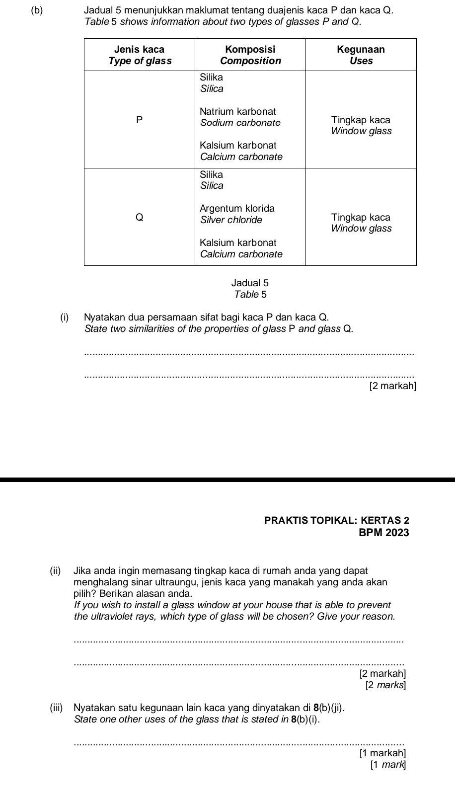 Jadual 5 menunjukkan maklumat tentang duajenis kaca P dan kaca Q. 
Table 5 shows information about two types of glasses P and Q. 
Jadual 5 
Table 5 
(i) Nyatakan dua persamaan sifat bagi kaca P dan kaca Q. 
State two similarities of the properties of glass P and glass Q. 
_ 
_ 
[2 markah] 
PRAKTIS TOPIKAL: KERTAS 2 
BPM 2023 
(ii) Jika anda ingin memasang tingkap kaca di rumah anda yang dapat 
menghalang sinar ultraungu, jenis kaca yang manakah yang anda akan 
pilih? Berikan alasan anda. 
If you wish to install a glass window at your house that is able to prevent 
the ultraviolet rays, which type of glass will be chosen? Give your reason. 
_ 
_ 
[2 markah] 
[2 marks] 
(iii) Nyatakan satu kegunaan lain kaca yang dinyatakan di 8(b)(ji). 
State one other uses of the glass that is stated in 8(b)(1 ) . 
_ 
[1 markah] 
[1 mark]