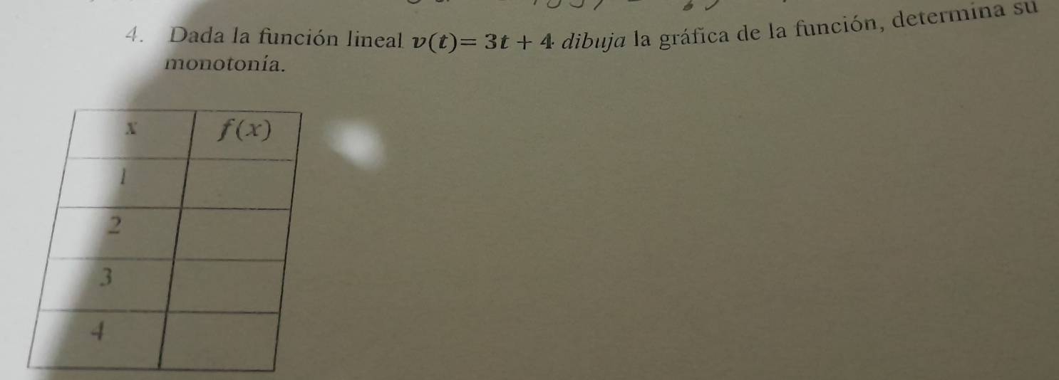 Dada la función lineal v(t)=3t+4· dibuja la gráfica de la función, determina su
monotonía.