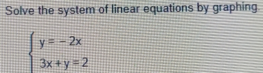 Solve the system of linear equations by graphing.
beginarrayl y=-2x 3x+y=2endarray.