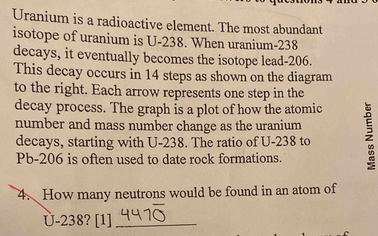 Uranium is a radioactive element. The most abundant 
isotope of uranium is U-238. When uranium- 238
decays, it eventually becomes the isotope lead- 206. 
This decay occurs in 14 steps as shown on the diagram 
to the right. Each arrow represents one step in the 
decay process. The graph is a plot of how the atomic 
number and mass number change as the uranium 
decays, starting with U-238. The ratio of U-238 to
Pb-206 is often used to date rock formations. 

4. How many neutrons would be found in an atom of
Ü-238? [1]_