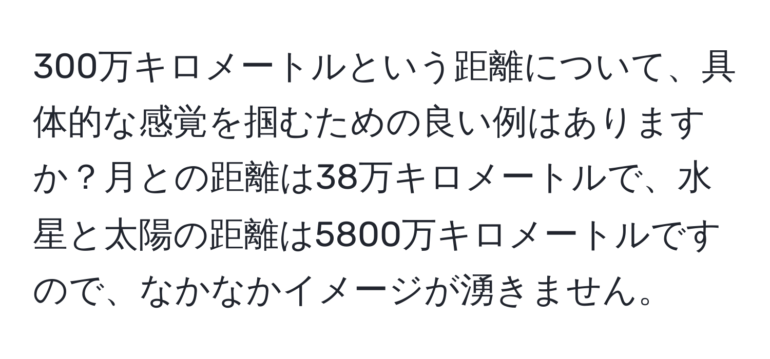 300万キロメートルという距離について、具体的な感覚を掴むための良い例はありますか？月との距離は38万キロメートルで、水星と太陽の距離は5800万キロメートルですので、なかなかイメージが湧きません。