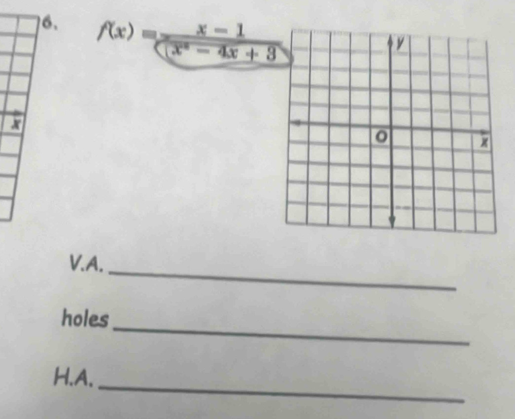 f(x)= (x-1)/x^2-4x+3 
X
V.A. 
_ 
_ 
holes 
_ 
H.A.