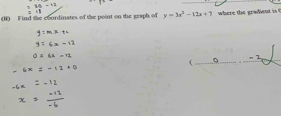 (ii) Find the coordinates of the point on the graph of y=3x^2-12x+7 where the gradient is C
-2
(