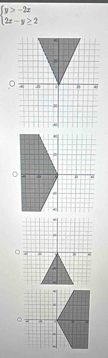 beginarrayl y>-2x 2x-y≥ 2endarray.