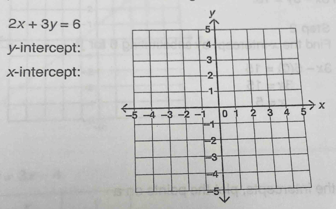 2x+3y=6
y-intercept: 
x-intercept: