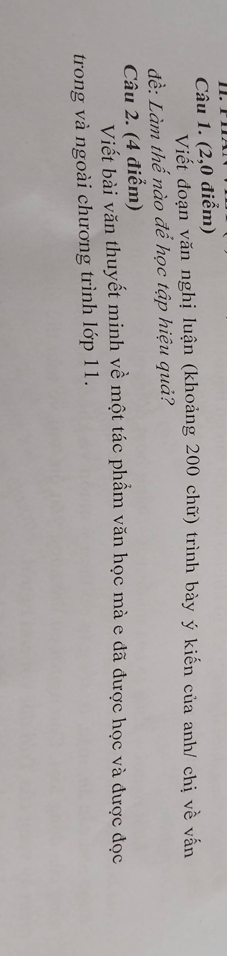(2,0 điểm) 
Viết đoạn văn nghị luận (khoảng 200 chữ) trình bày ý kiến của anh/ chị về vấn 
đề: Làm thế nào để học tập hiệu quả? 
Câu 2. (4 điểm) 
Viết bài văn thuyết minh về một tác phẩm văn học mà e đã được học và được đọc 
trong và ngoài chương trình lớp 11.