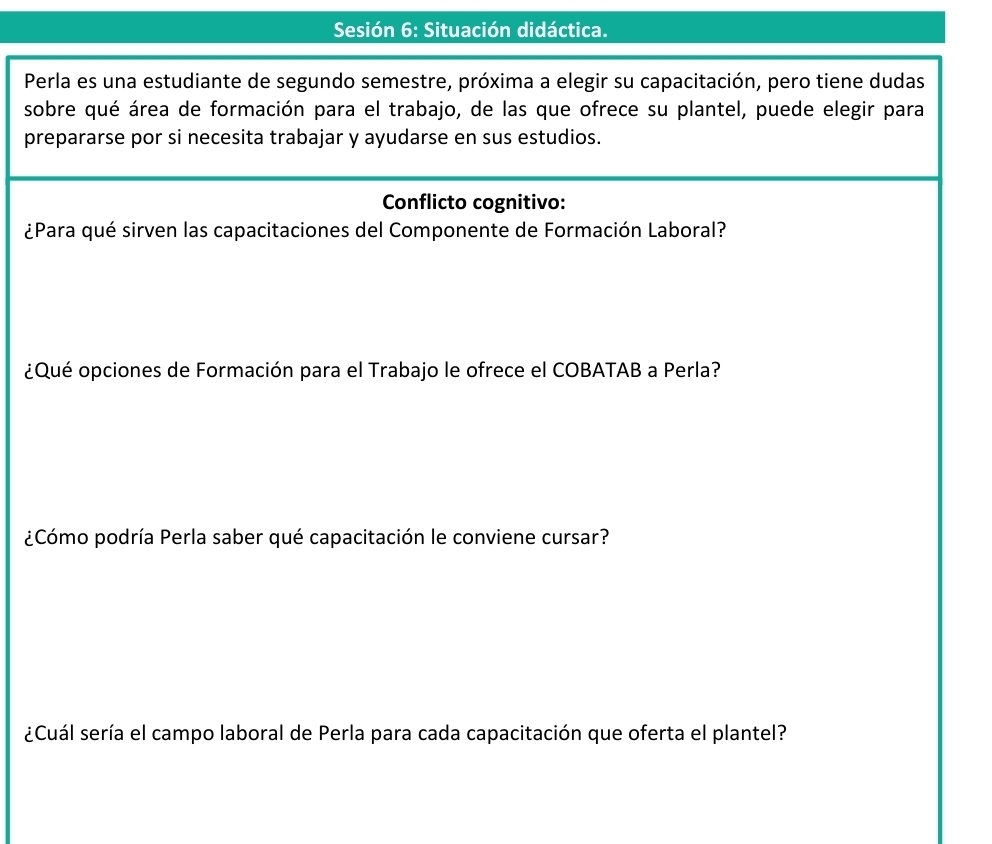 Sesión 6: Situación didáctica. 
Perla es una estudiante de segundo semestre, próxima a elegir su capacitación, pero tiene dudas 
sobre qué área de formación para el trabajo, de las que ofrece su plantel, puede elegir para 
prepararse por si necesita trabajar y ayudarse en sus estudios. 
Conflicto cognitivo: 
¿Para qué sirven las capacitaciones del Componente de Formación Laboral? 
¿Qué opciones de Formación para el Trabajo le ofrece el COBATAB a Perla? 
¿Cómo podría Perla saber qué capacitación le conviene cursar? 
¿Cuál sería el campo laboral de Perla para cada capacitación que oferta el plantel?