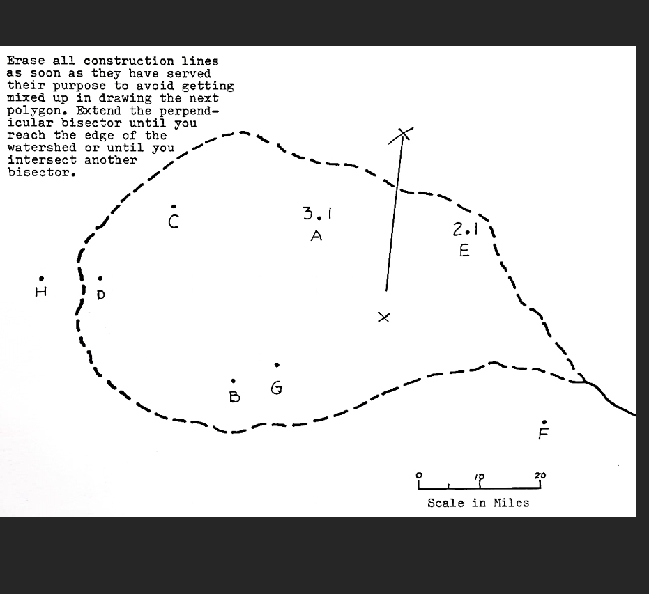 Erase all construction lines
as soon as they have served .
their purpose to avoid getting 
mixed up in drawing the next 
polygon. Extend the perpend-
icular bisector until you
reach the edge of the
watershed or until
intersect another
bisector.