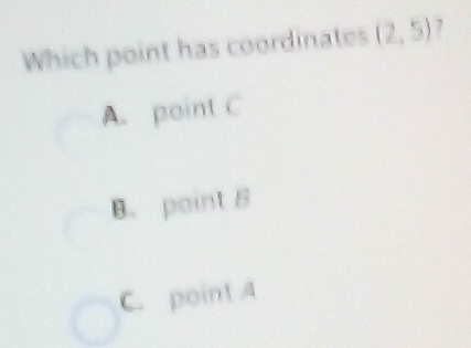 Solved: Which point has coordinates (2,5) 1 A. point C B. point B C ...